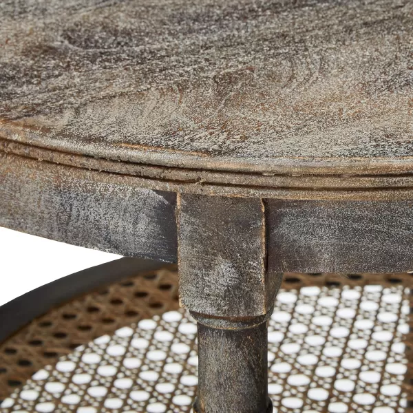 Creative CoOp Round Solid Wood End Table with 2 Woven Cane Shelves Grey WashedBrown