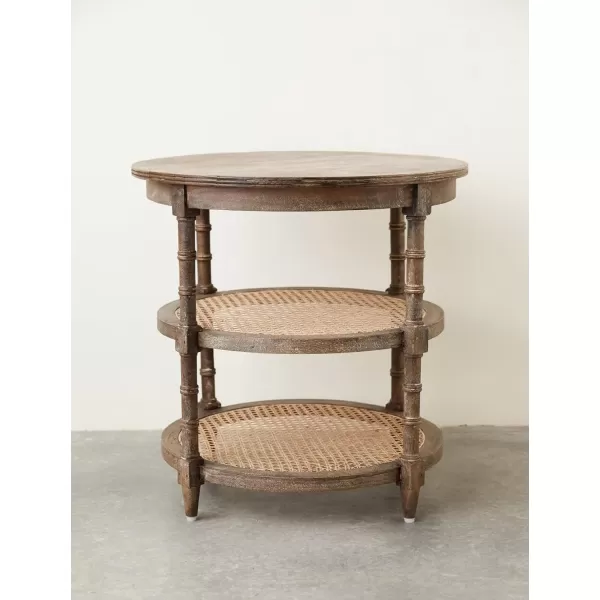 Creative CoOp Round Solid Wood End Table with 2 Woven Cane Shelves Grey WashedBrown