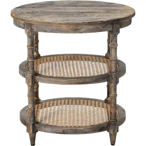 Creative CoOp Round Solid Wood End Table with 2 Woven Cane Shelves Grey WashedBrown