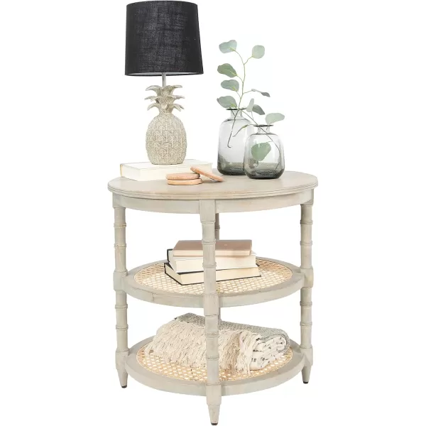 Creative CoOp Round Solid Wood End Table with 2 Woven Cane Shelves Grey WashedGrey