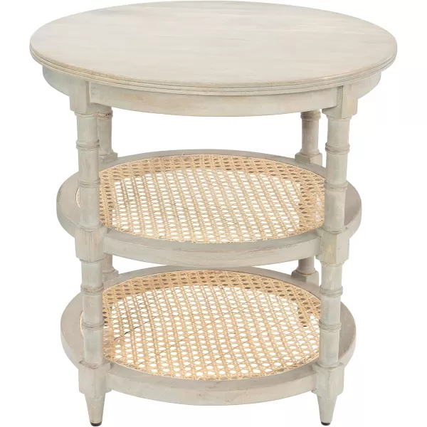 Creative CoOp Round Solid Wood End Table with 2 Woven Cane Shelves Grey WashedGrey