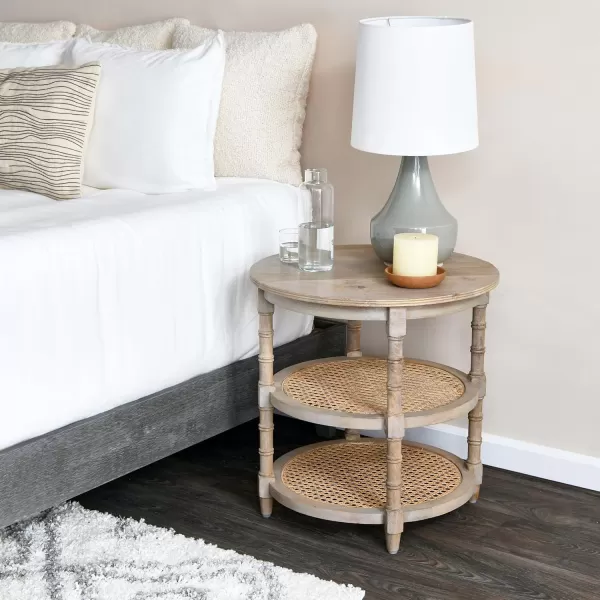 Creative CoOp Round Solid Wood End Table with 2 Woven Cane Shelves Grey WashedGrey