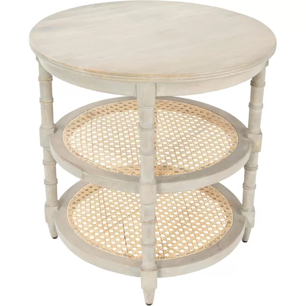 Creative CoOp Round Solid Wood End Table with 2 Woven Cane Shelves Grey WashedGrey