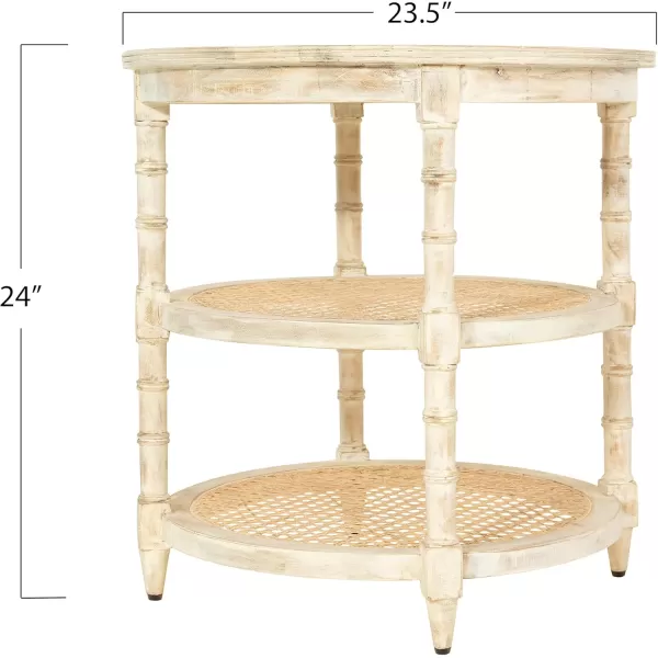 Creative CoOp Round Solid Wood End Table with 2 Woven Cane Shelves Grey WashedTanBeige