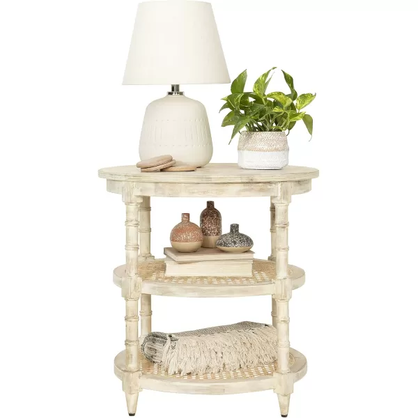 Creative CoOp Round Solid Wood End Table with 2 Woven Cane Shelves Grey WashedTanBeige