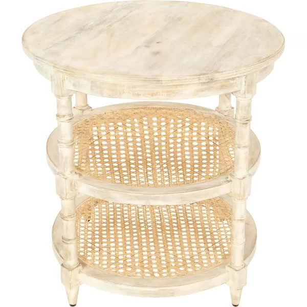 Creative CoOp Round Solid Wood End Table with 2 Woven Cane Shelves Grey WashedTanBeige