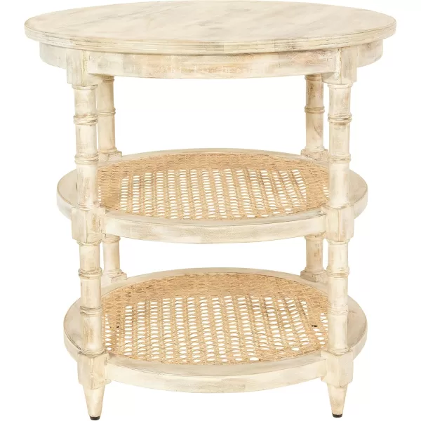 Creative CoOp Round Solid Wood End Table with 2 Woven Cane Shelves Grey WashedTanBeige