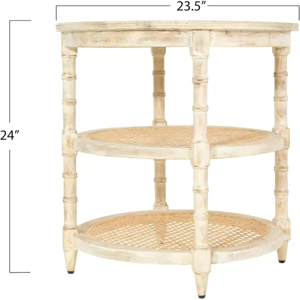 Creative CoOp Round Solid Wood End Table with 2 Woven Cane Shelves Grey WashedTanBeige