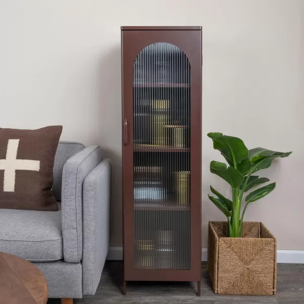 Creative CoOp Solstice Metal Cabinet with 2 Arched Glass Doors Dark GreenBrown