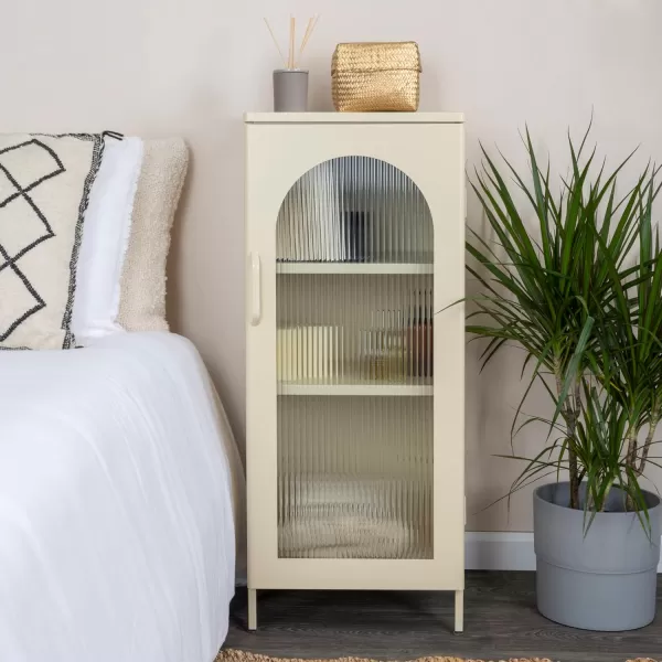 Creative CoOp Solstice Metal Cabinet with 2 Arched Glass Doors Dark GreenCream