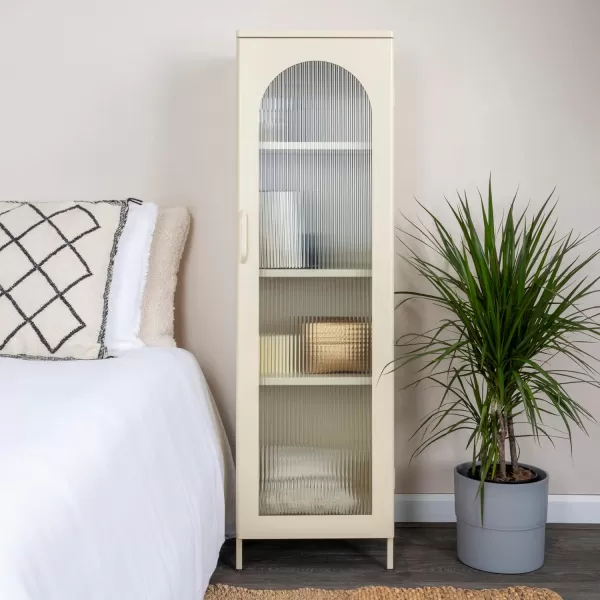 Creative CoOp Solstice Metal Cabinet with 2 Arched Glass Doors Dark GreenCream