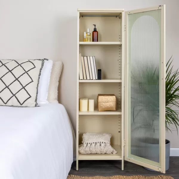 Creative CoOp Solstice Metal Cabinet with 2 Arched Glass Doors Dark GreenCream