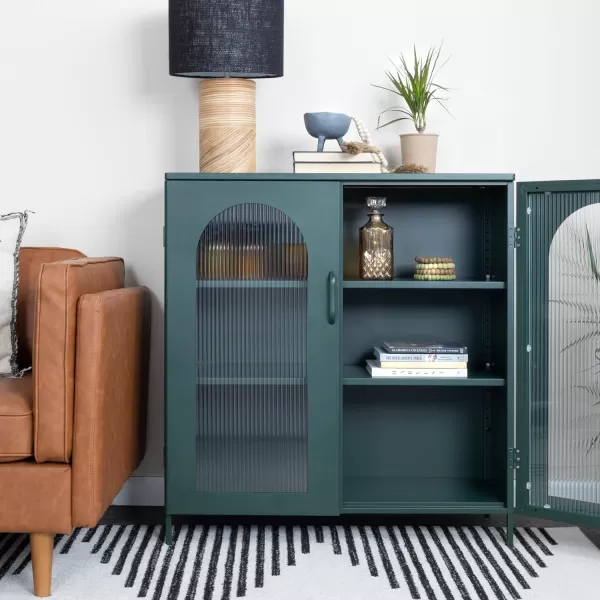 Creative CoOp Solstice Metal Cabinet with 2 Arched Glass Doors Dark GreenGreen