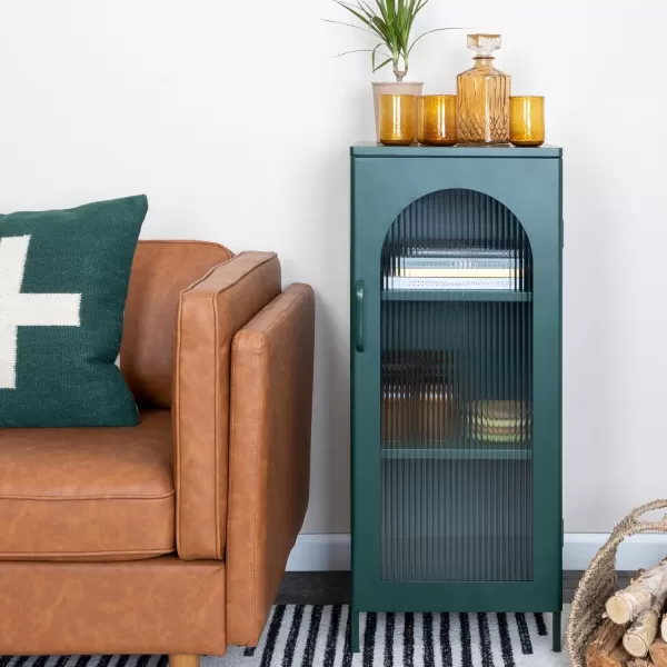 Creative CoOp Solstice Metal Cabinet with 2 Arched Glass Doors Dark GreenGreen