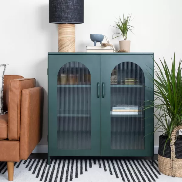 Creative CoOp Solstice Metal Cabinet with 2 Arched Glass Doors Dark GreenGreen