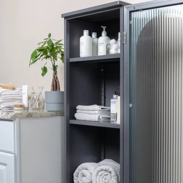 Creative CoOp Solstice Metal Cabinet with 2 Arched Glass Doors Dark GreenGrey