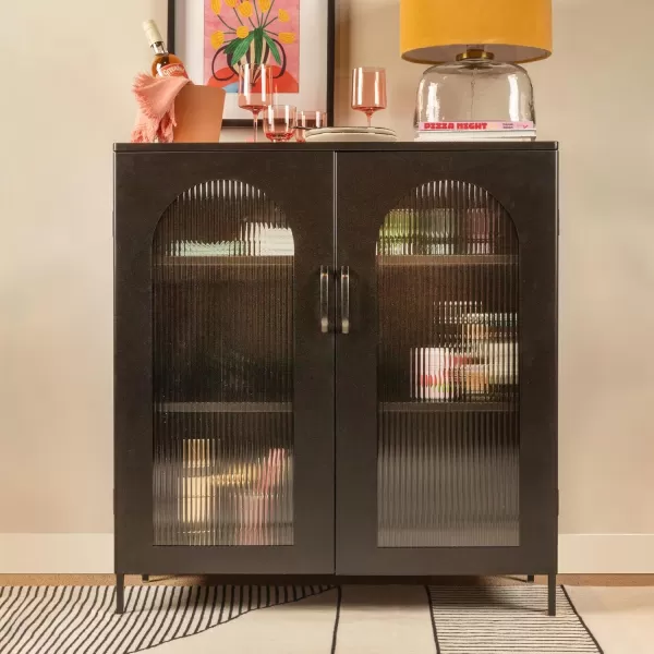 Creative CoOp Solstice Metal Cabinet with 2 Arched Glass Doors Dark GreenMatte Black