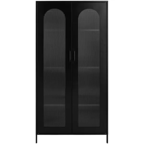 Creative CoOp Solstice Metal Cabinet with 2 Arched Glass Doors Dark GreenMatte Black