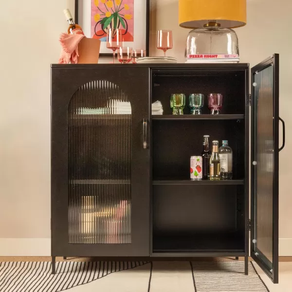 Creative CoOp Solstice Metal Cabinet with 2 Arched Glass Doors Dark GreenMatte Black