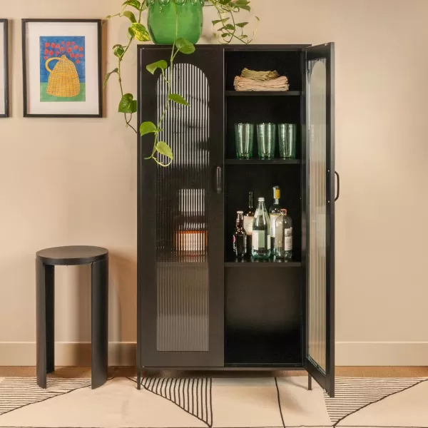 Creative CoOp Solstice Metal Cabinet with 2 Arched Glass Doors Dark GreenMatte Black