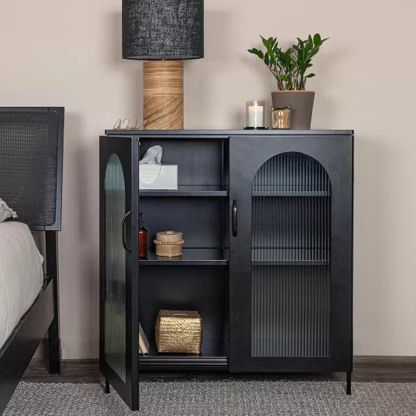 Creative CoOp Solstice Metal Cabinet with 2 Arched Glass Doors Dark GreenMatte Black