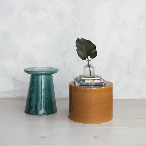 Creative CoOp Stoneware Round Stool with Reactive Glaze Mustard