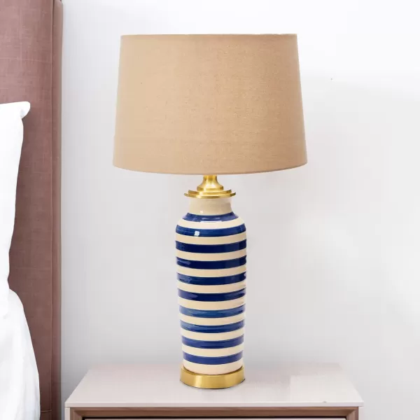 Creative CoOp Striped Ceramic Table Lamp with Brushed Gold Accents Black and WhiteBlue Stripe
