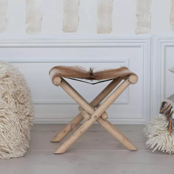 Creative CoOp Teakwood and Goat Fur Folding Stool Natural