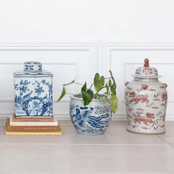 Creative CoOp Vintage Phoenix HandPainted Porcelain Planter Vase Blue