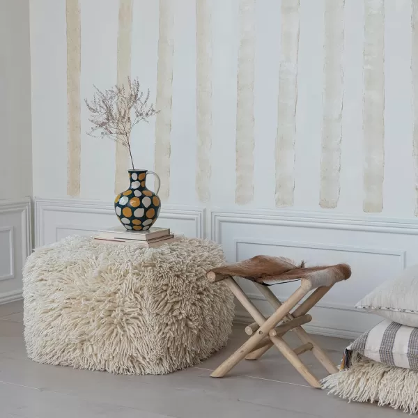 Creative CoOp Woven New Zealand Wool Shag and Cotton Pouf White