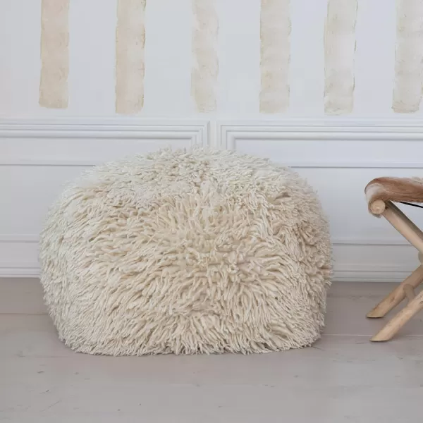 Creative CoOp Woven New Zealand Wool Shag and Cotton Pouf White