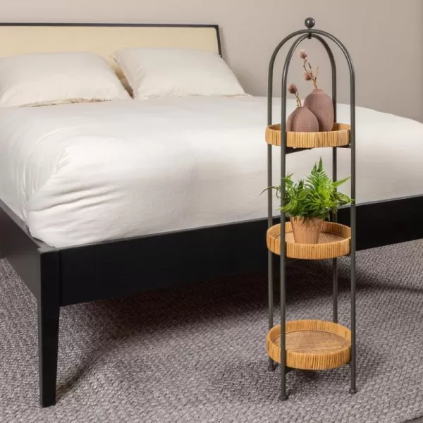 Creative CoOp Arched Metal Plant Stand or Shelf with 3 Round Removable Rattan Trays Natural and WhiteBlack