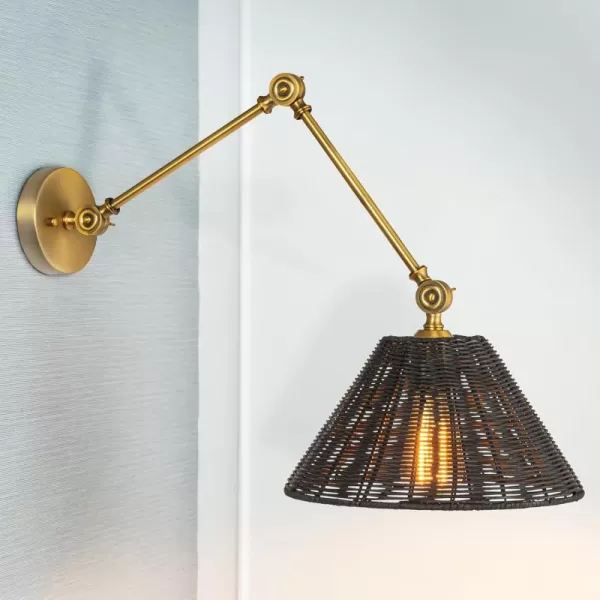 Creative CoOp Coastal Adjustable Wall Sconce with Black Rattan Shade Antique Brass FinishAntique BrassBlack