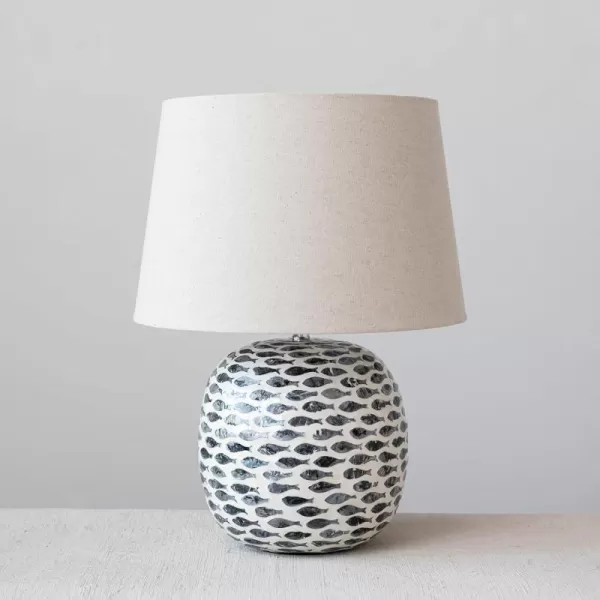 Creative CoOp Coastal Capiz and Bamboo Fish Design Set of 2 Blue and White Table Lamp