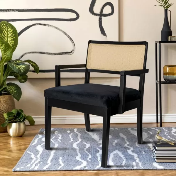 Creative CoOp Crawford Mid Century Modern Solid Wood Black Arm Chair with Natural Woven Cane Back and Velvet Upholstered Seat BlackBlack and Natural