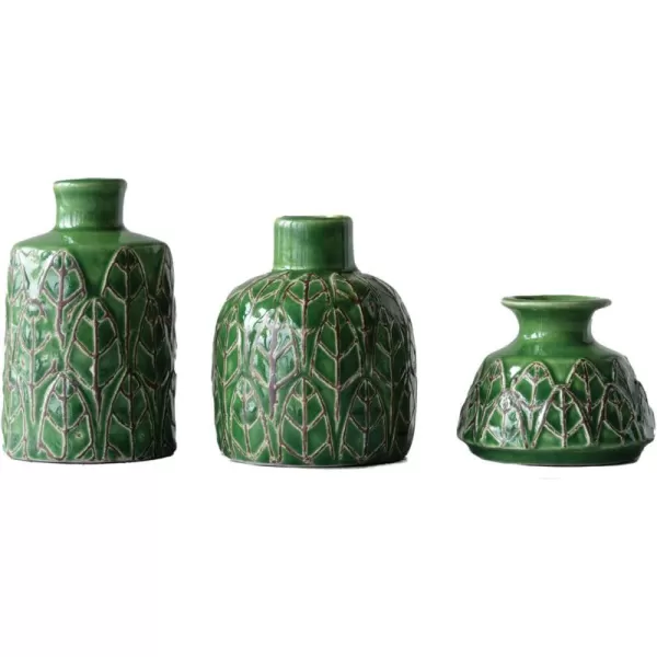 Creative CoOp Green Embossed Stoneware Vases Set of 3 Sizes