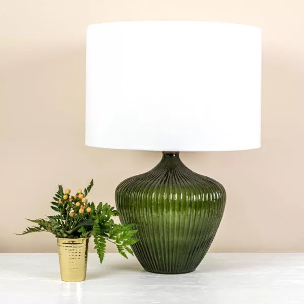 Creative CoOp Green Glass Table Lamp with White Drum Shade