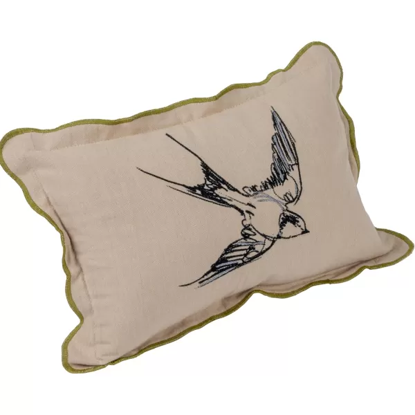 Creative CoOp 14 Inches Cotton Chambray Printed Lumbar Bird Embroidery Patterned Back and Scalloped Edge Multicolored Pillow Natural