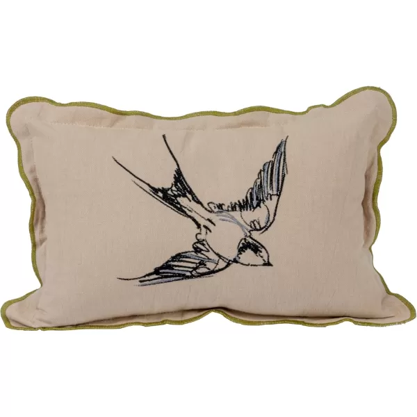 Creative CoOp 14 Inches Cotton Chambray Printed Lumbar Bird Embroidery Patterned Back and Scalloped Edge Multicolored Pillow Natural