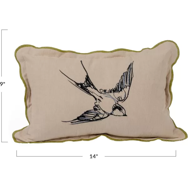 Creative CoOp 14 Inches Cotton Chambray Printed Lumbar Bird Embroidery Patterned Back and Scalloped Edge Multicolored Pillow Natural