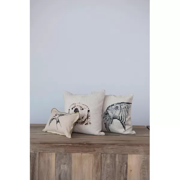 Creative CoOp 14 Inches Cotton Chambray Printed Lumbar Bird Embroidery Patterned Back and Scalloped Edge Multicolored Pillow Natural