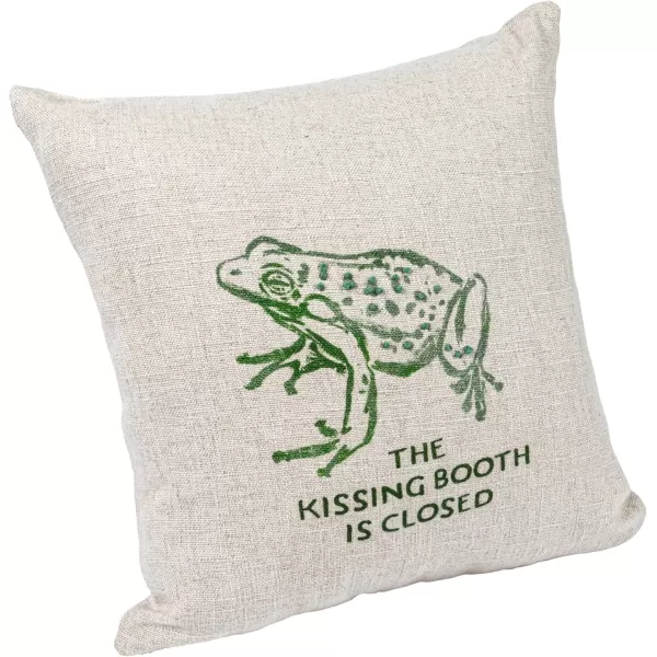 Creative CoOp 16quot Square Linen Blend Frog and The Kissing Booth is Closed Text Prints and French Knots Natural and Green Pillow