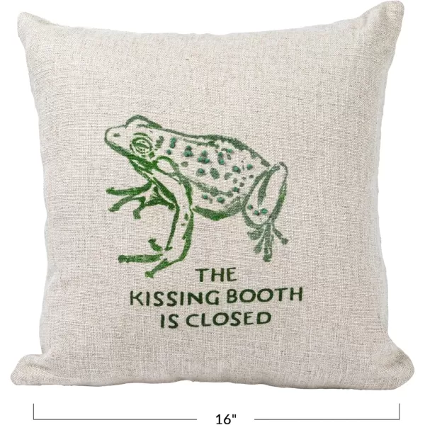 Creative CoOp 16quot Square Linen Blend Frog and The Kissing Booth is Closed Text Prints and French Knots Natural and Green Pillow