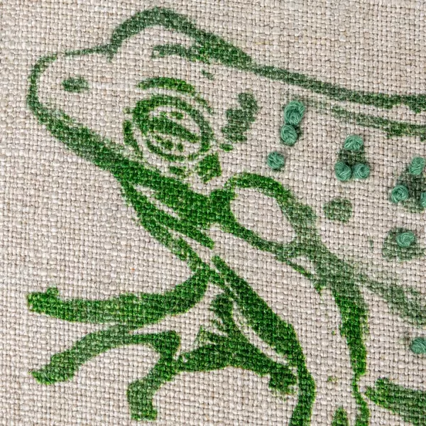Creative CoOp 16quot Square Linen Blend Frog and The Kissing Booth is Closed Text Prints and French Knots Natural and Green Pillow