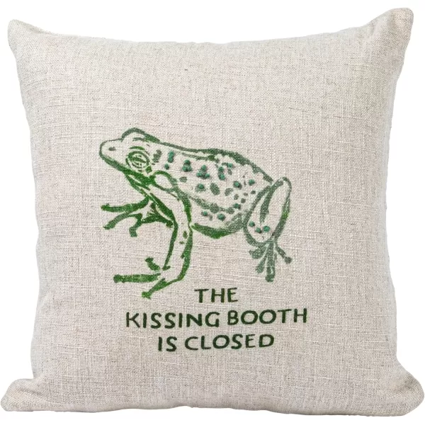 Creative CoOp 16quot Square Linen Blend Frog and The Kissing Booth is Closed Text Prints and French Knots Natural and Green Pillow