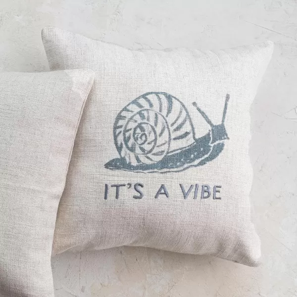 Creative CoOp 16quot Square Linen Blend Printed Snail and Its a Vibe Text Embroidery Natural and Gray Pillow