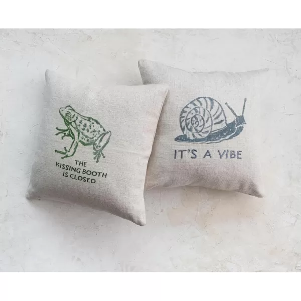 Creative CoOp 16quot Square Linen Blend Printed Snail and Its a Vibe Text Embroidery Natural and Gray Pillow