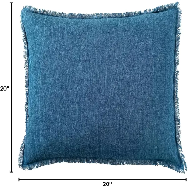 Creative CoOp 20 Inches Square Stonewashed Linen Fringe Navy Pillow Blue