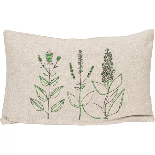 Creative CoOp 24 Inches HandEmbroidered Linen Blend Printed Lumbar Botanicals Kantha Stitch and Flanged Edge Multicolored Pillow Natural
