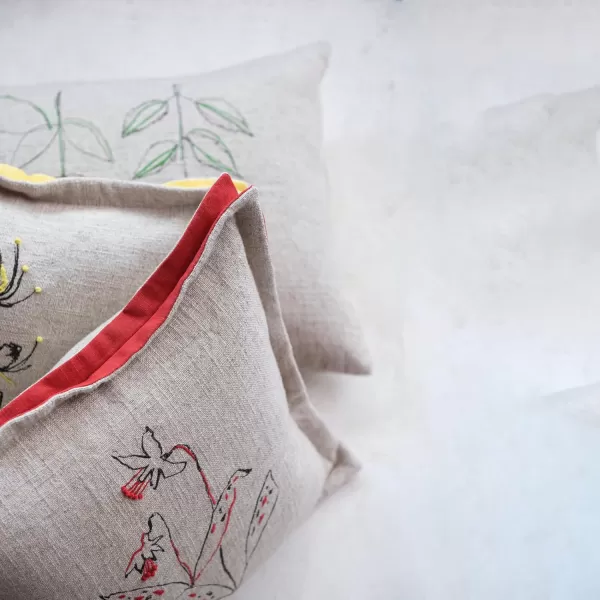 Creative CoOp 24 Inches HandEmbroidered Linen Blend Printed Lumbar Botanicals Kantha Stitch and Flanged Edge Multicolored Pillow Natural
